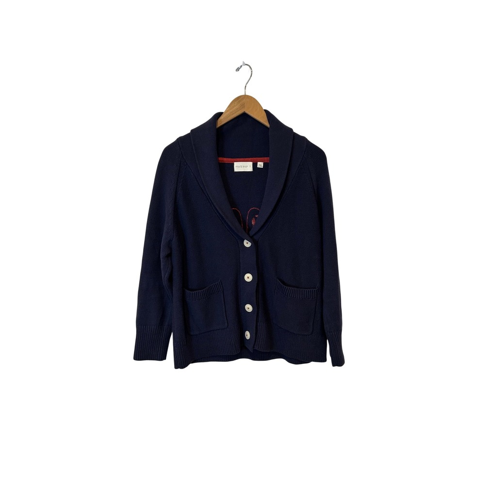 Mia & Tess Lobster Cardigan Women S Navy Blue Shawl Collar Knit Pockets